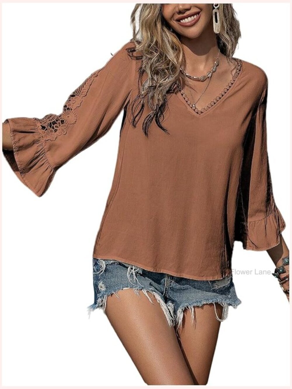 Women's Lace V Neck Blouse Ruffle Sleeve Boho Top Shirt